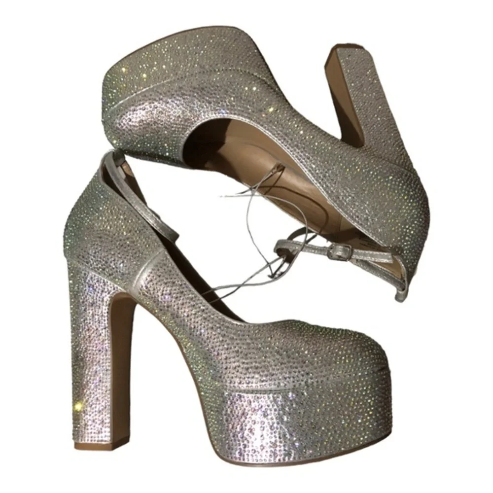 Rhinestone crystal valentino tan-go style closed toe anklestrap‎ platforms sz 10